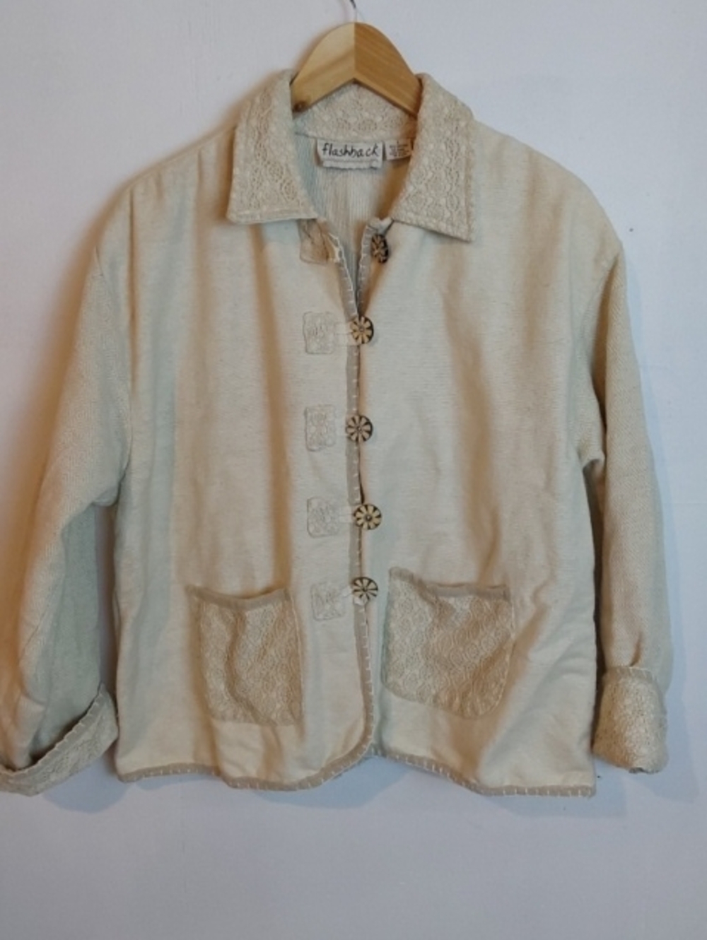 Flashback|Cream Linen Button-Front Women's Boho  Textured Cardi Shacket L